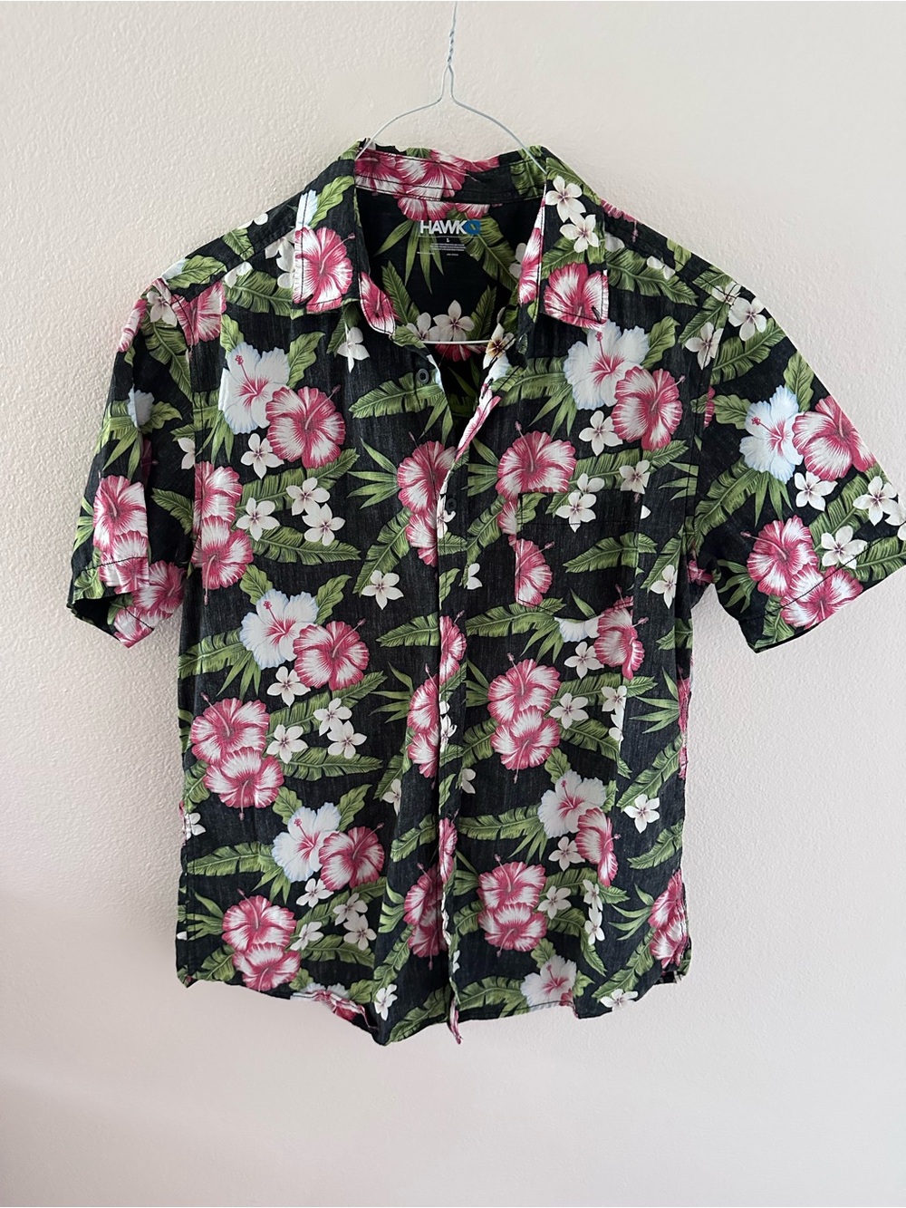 Tony Hawk Black Short-Sleeve Floral Camp Shirt with Pink & White Blooms
